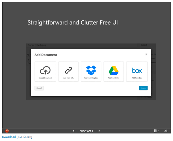 Screen showing choices to embed your documents directly, or from your favorite cloud storage provider.