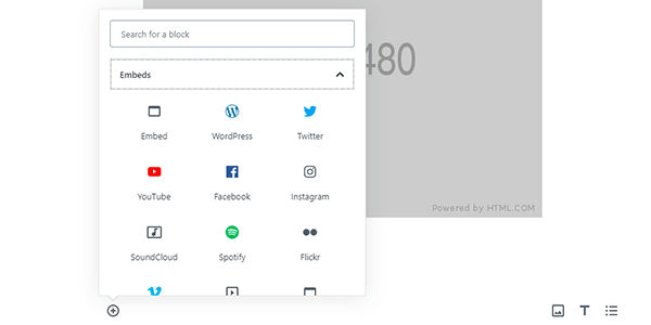A screenshot of default Gutenberg embed blocks in WordPress