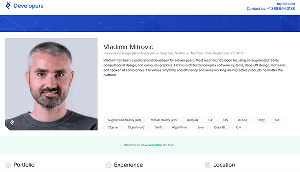 Toptal developer profile.