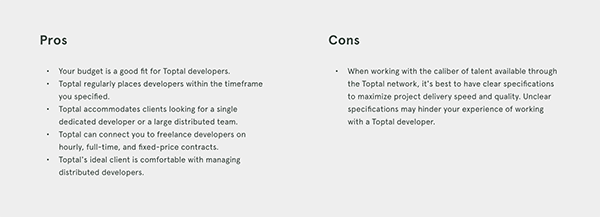 Pros and cons of Toptal for this particular project.