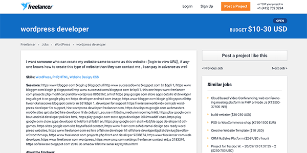 Example of a WordPress development job on Freelancer.