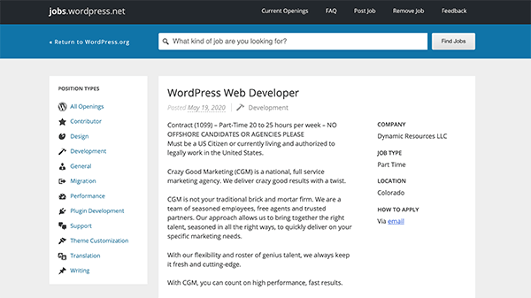 An example post for a WordPress web developer. As you can see, applicants apply by email in this case.