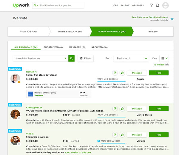 Proposals on Upwork.