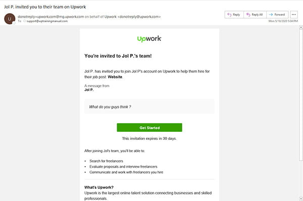 An invite to join a team on Upwork.