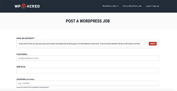 Where you’ll sign in to post a job once an account is created in WP Hired.