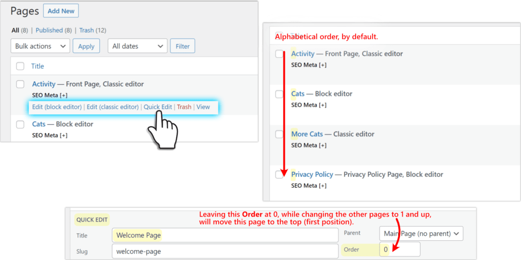 Pages quick edit menu, allows page order by number assignment