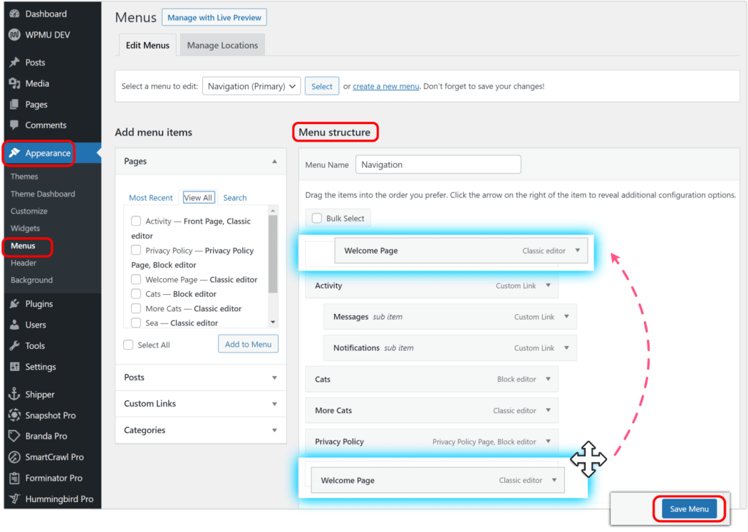 Page order through Appearance Menu settings