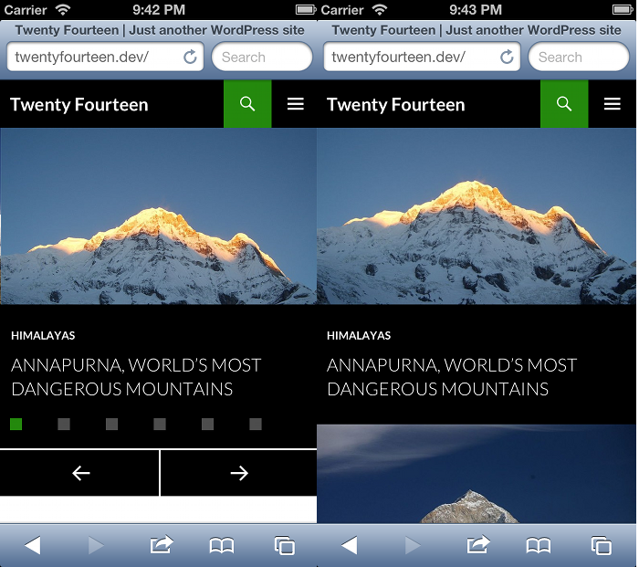 Screenshots of the slider and grid home pages on a mobile