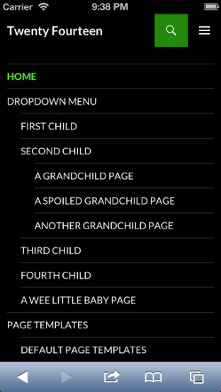 Screenshot of a menu on mobile