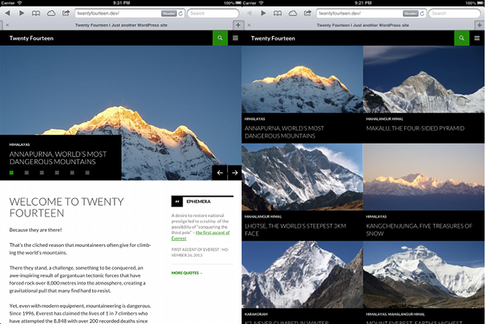 Screenshot of the slider homepage next to a grid homepage