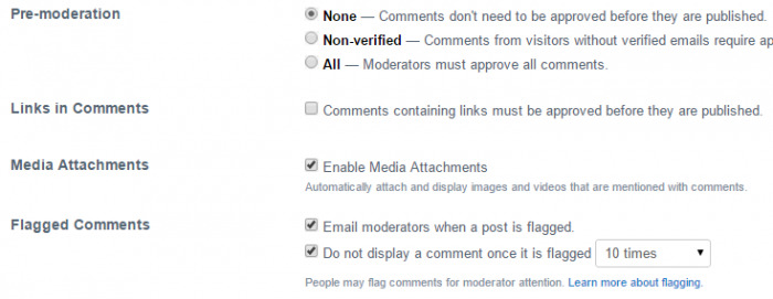 A selection of general Disqus settings including pre-moderation, media attachments and flagging comments