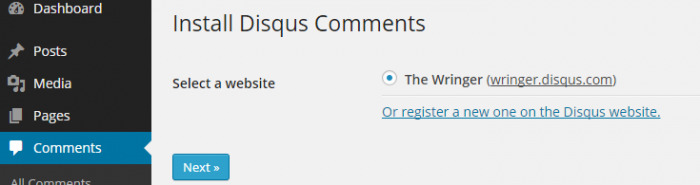 The final step in the installation of Disqus comments to a site. You are asked to select the site you wish to add Disqus to from a list of pre-registered sites.