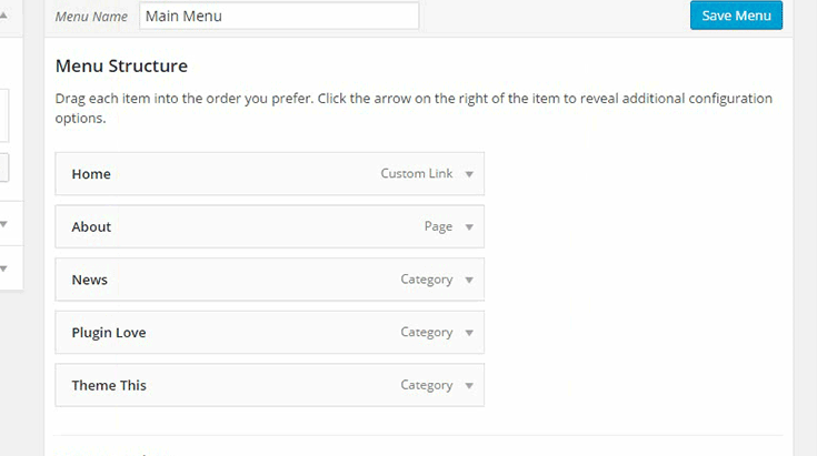 Reordering links in the menu on the settings page.