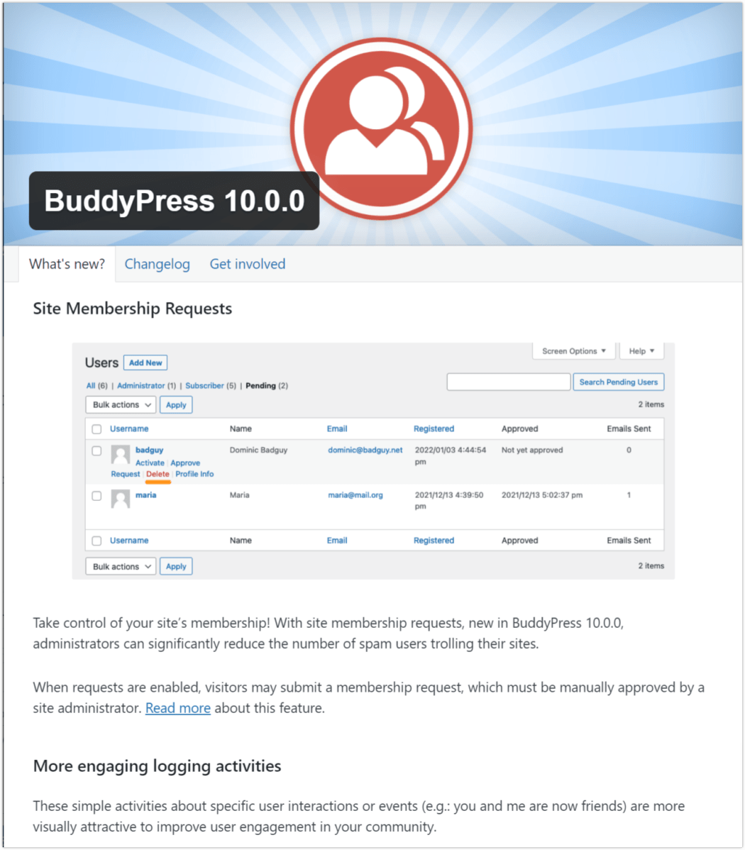 BuddyPress welcome screen