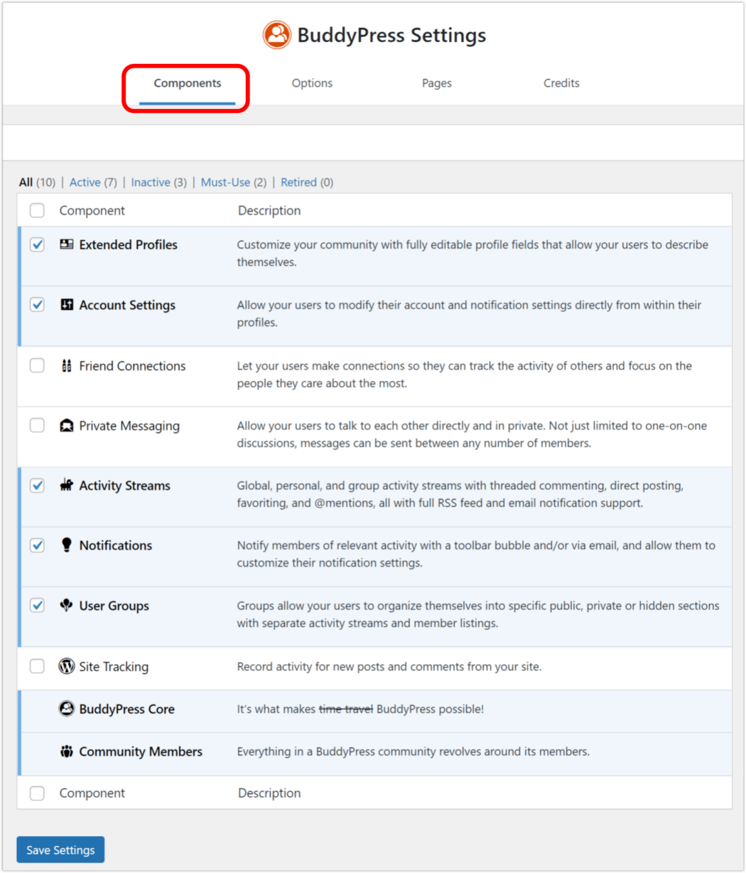 BuddyPress selecting components