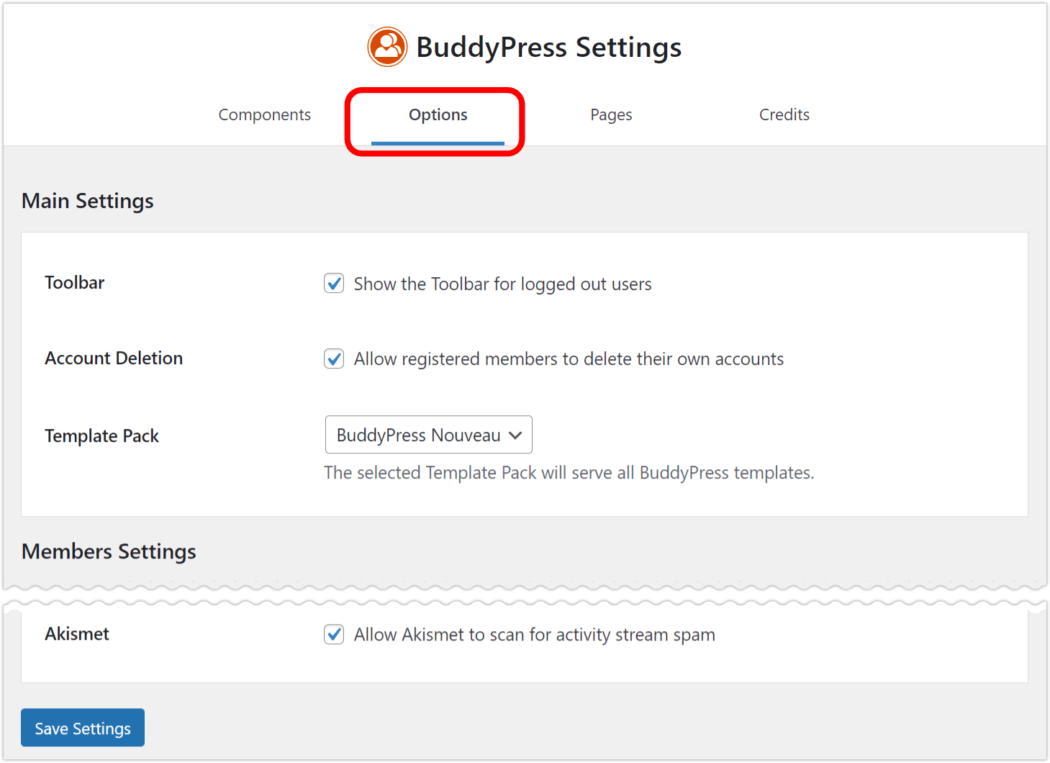 BuddyPress settings options
