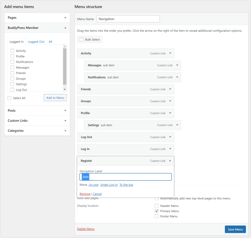 BuddyPress menu structure