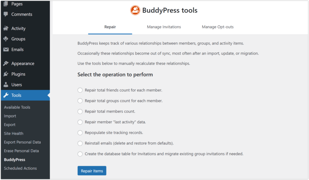 BuddyPress tools.