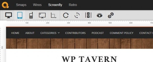 The WP Tavern site being displayed with the dimensions of a Kindle Fire tablet in the browser.