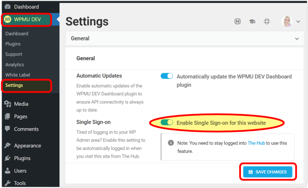 SSO settings WP dashboard