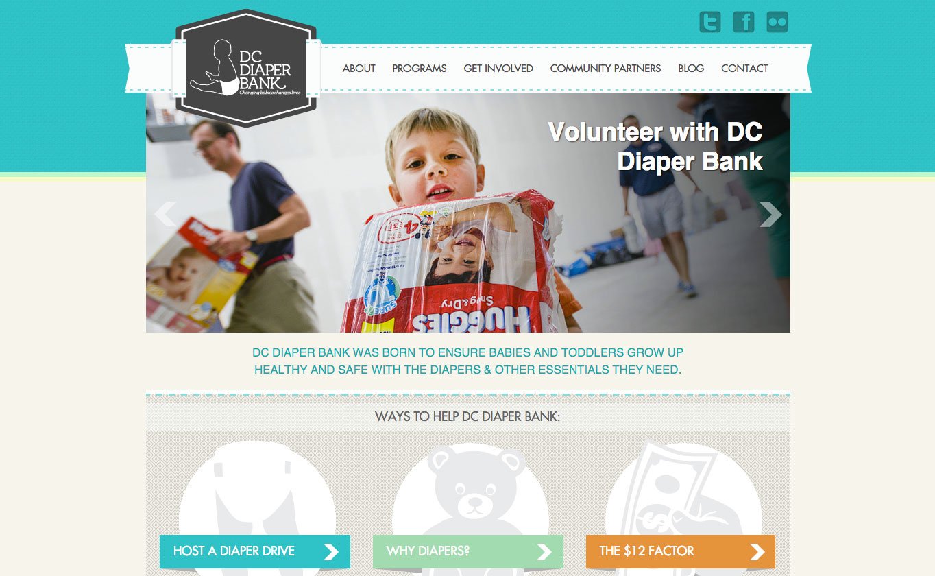 The DC Diaper Bank website features prominent CTAs encouraging visitors to donate.