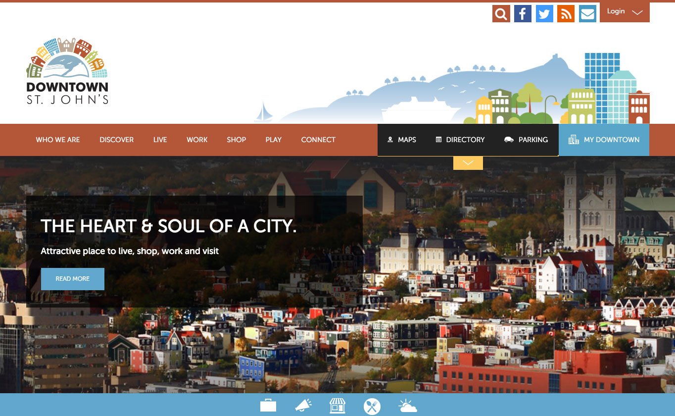 The Downtown St John's site uses a custom WordPress theme.