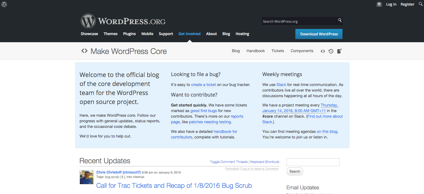 Changes to WordPress' core code is tracked at Make WordPress Core.