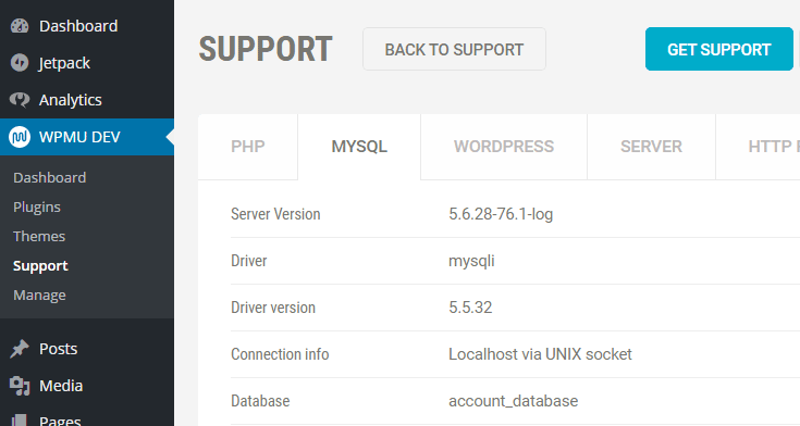 The WPMU DEV Dashboard identifies your database and also tells you a lot more about your server and WordPress installation.