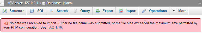 An error message in phpMyAdmin indicating the database was not uploaded