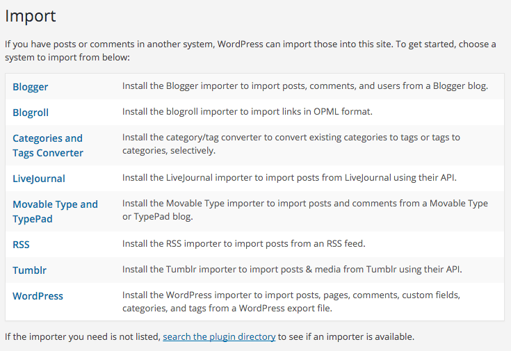 Select WordPress to install the import plugin and begin the import process.