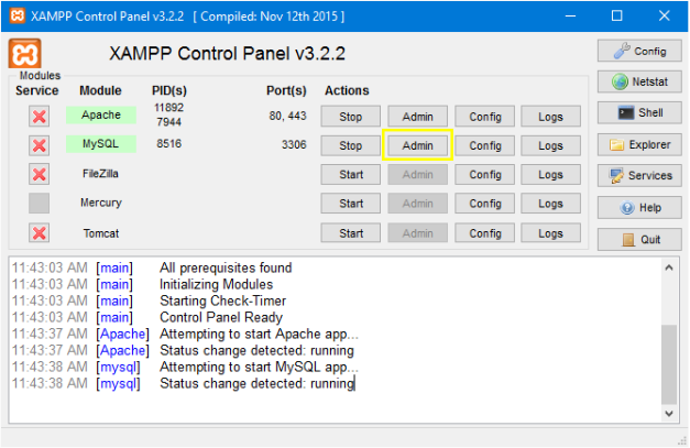 XAMPP control panel