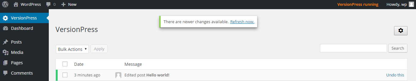 automatic notification letting me know to refresh the page to see new changes logged in VersionPress
