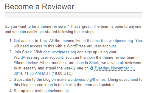 Screenshot of process to join the WordPress.org theme review team