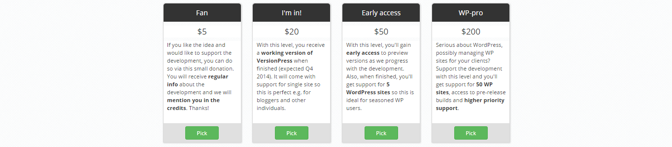 funding level options from versionpress' crowdfunding campaign
