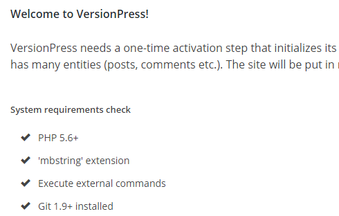 versionpress welcome screen including a list of system requirement checks