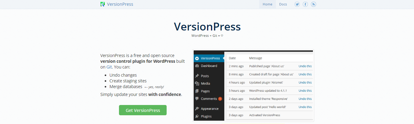 screenshot of the versionpress website