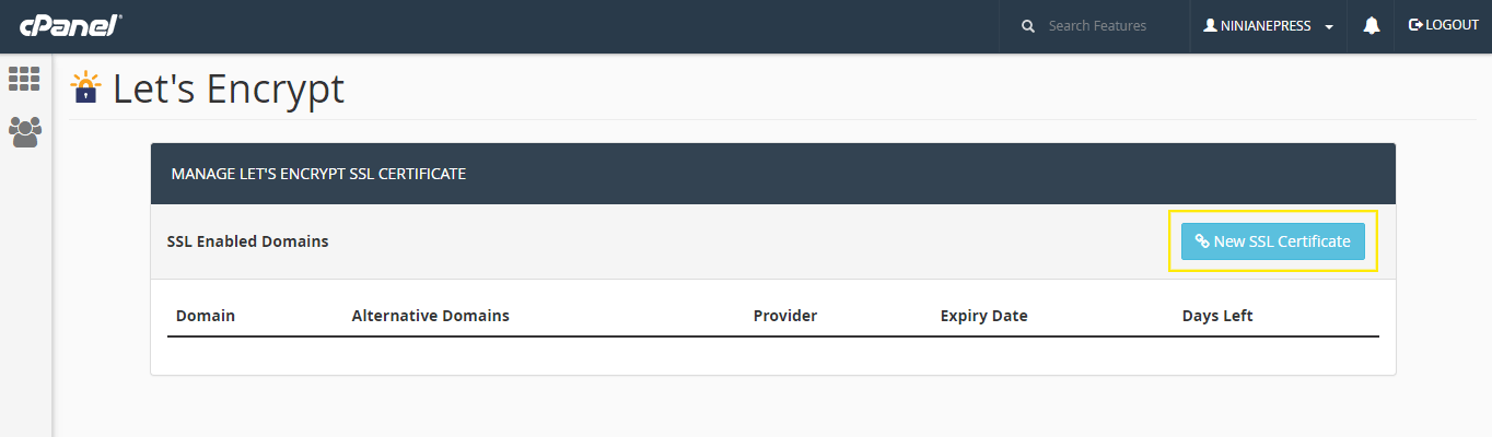 The Let's Encrypt Manager cPanel plugin page.