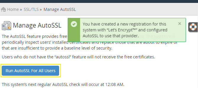 The Manage AutoSSL page.