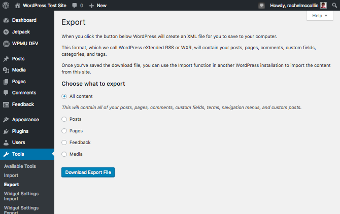 WordPress exporter screen