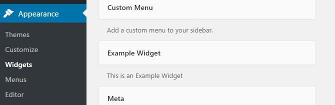 Screenshot showing the example widget displayed in the WordPress admin area.