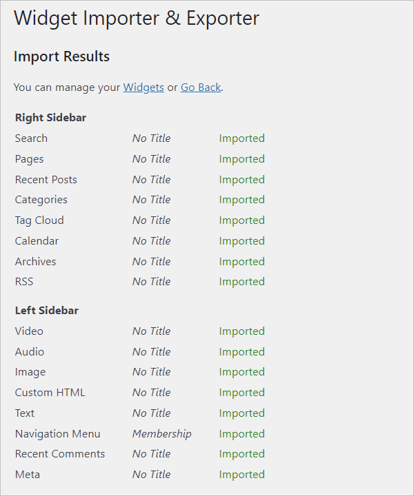 Widget Importer & Exporter results