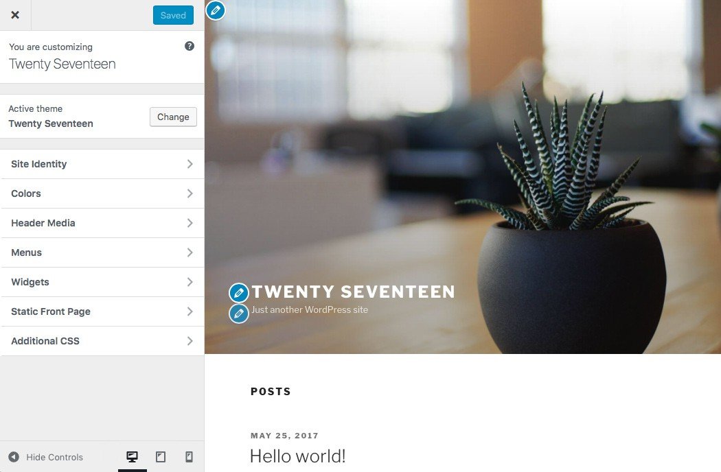 A look at the menu options available in the Customizer with the Twenty Seventeen WordPress theme activated.