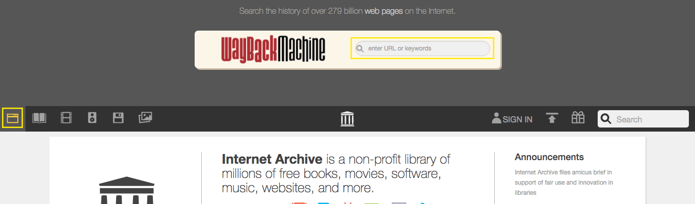 Way Back Machine search