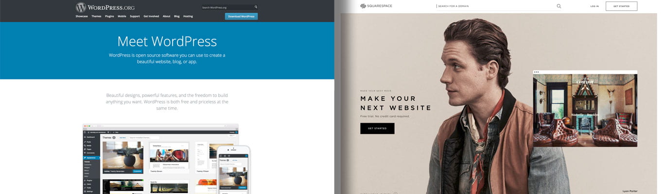 WordPress site on the left and Squarespace's site on the right
