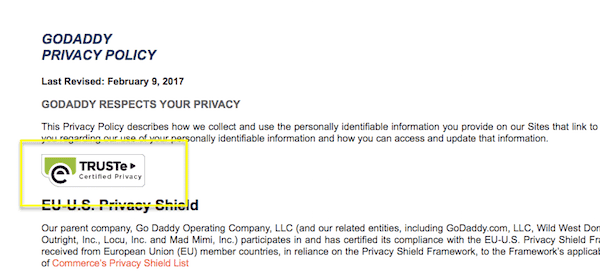 GoDaddy's Privacy page includes a security seal.