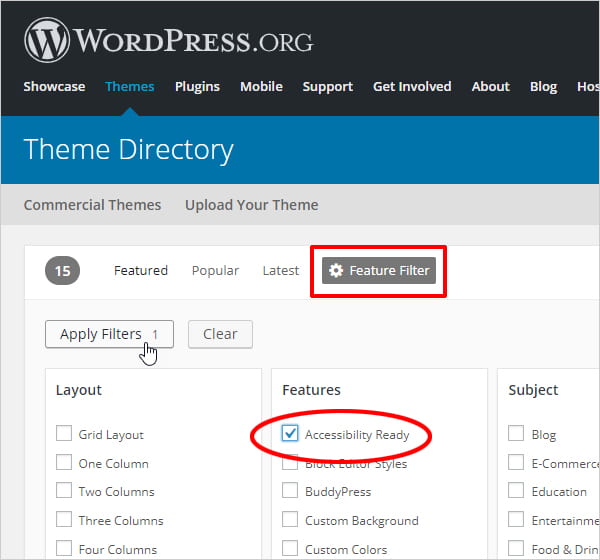 WordPress Theme Directory highlighting Feature Filter and Accessibility Ready filter option.