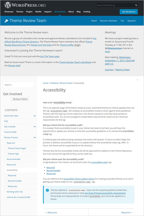 Screenshot of WordPress theme handbook accessibility requirements.