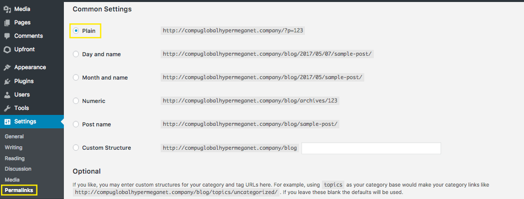 The Permalinks settings page. The Plain option has been selected.