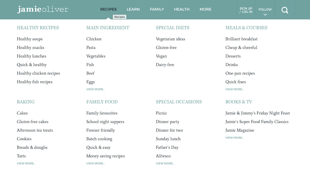 Jamie Oliver Recipes mega menu