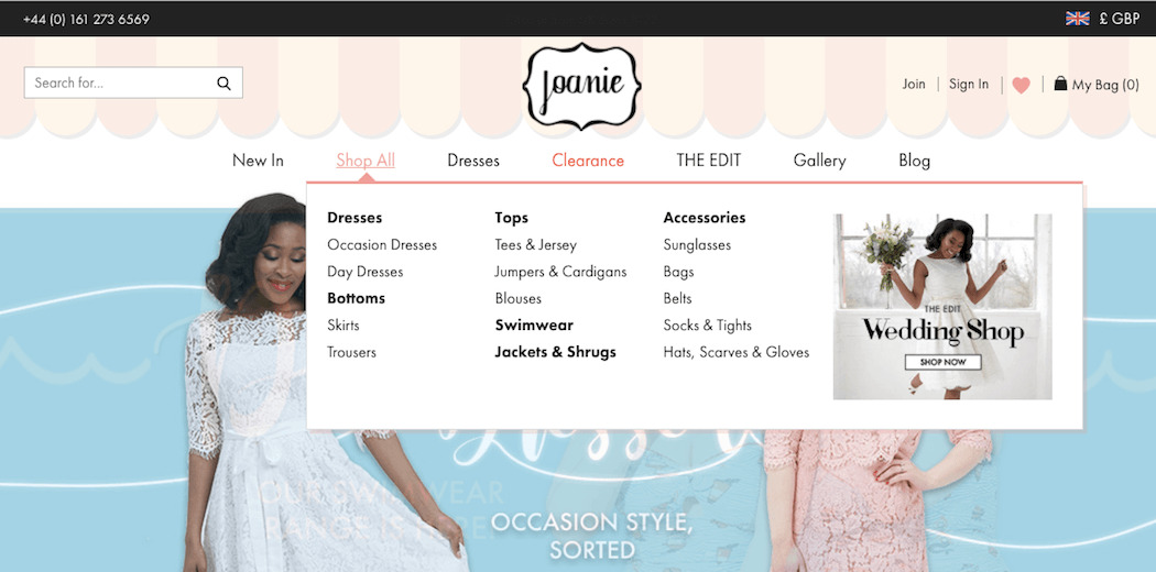 Joanie Clothing Shop All mega menu